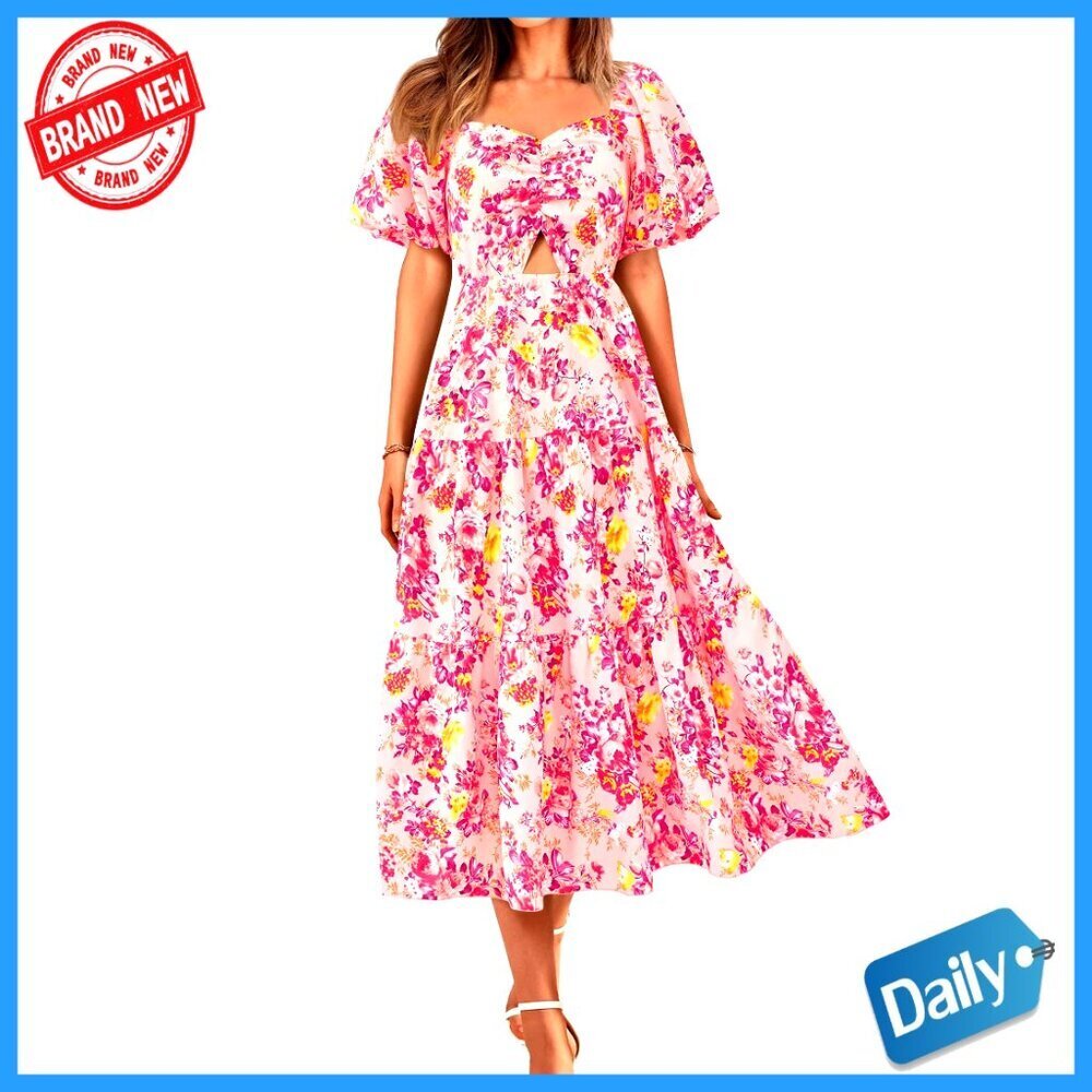 Maxi Dress Short Sleeve Smocked Back Boho Casual Floral Midi